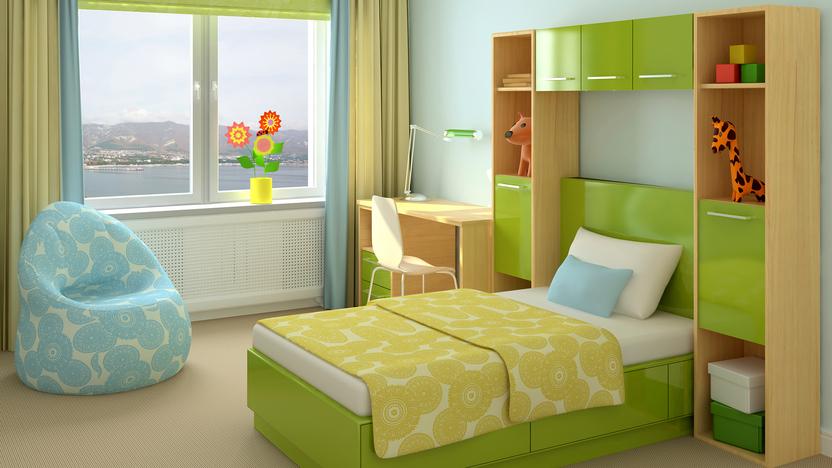 Kinderzimmer mit grünen Möbeln